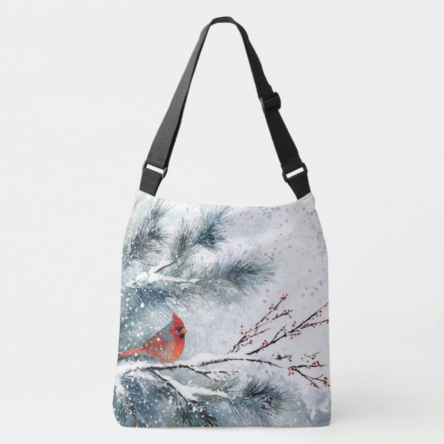 Sac Ajustable Cardinal rouge sur branche de pin enneigée (Devant)