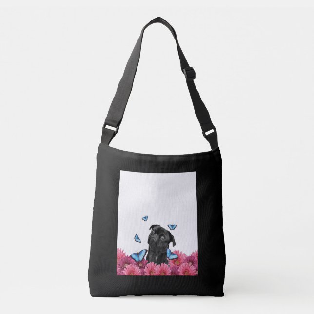 Sac Ajustable Carlin Noir Avec Papillons Bleus Et Gerberas (Devant)