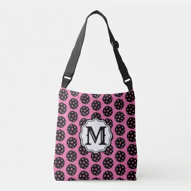 Sac Ajustable Carnation Pink et noir Monogramme Pickleball Cross (Devant)