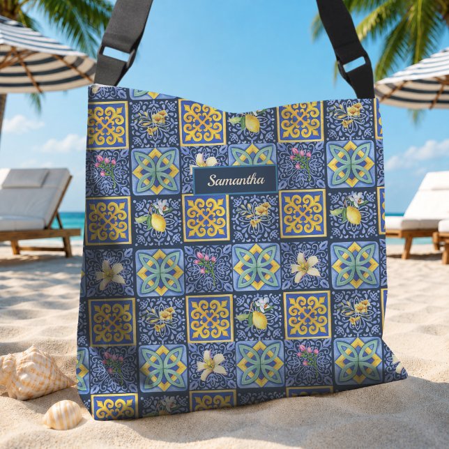 Sac Ajustable Carreaux de motif sicilien citrique bleu chic (Créateur téléchargé)