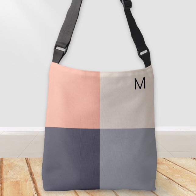 Sac Ajustable Carrés Géométriques Abstraits Modernes Neutres Pêc (An elegant monogrammed bag with a stylish color block design in oatmeal, taupe, charcoal and peach)