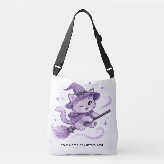 Sac Ajustable Charmante sorcière chat violet sur balai Halloween (Devant)