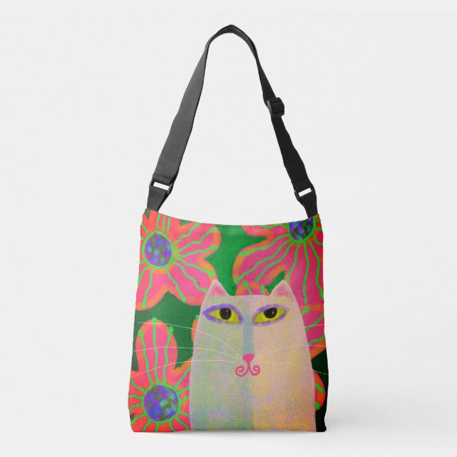 Sac Ajustable Chat blanc aux fleurs Art Abstrait (Devant)
