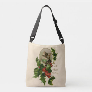 Sac Ajustable Chaton de Noël victorien au houx antique tabby