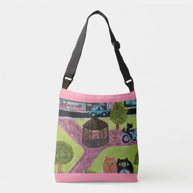 Sac Ajustable Chats dans Town Park Folk Art amusant peinture (Devant)