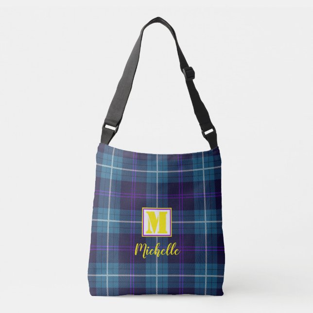 Sac Ajustable Chic Tartan bleu Personnalisé Monogramme Nom du sc (Devant)