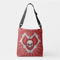 Coeur d'os rouge gothique avec crâne sur spirales
