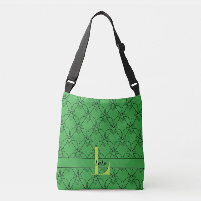 Sac Ajustable Coeurs verts Monogramme et nom personnalisé (Devant)