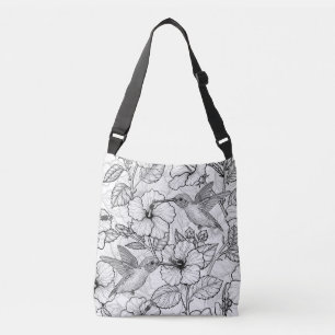 Sac Ajustable Colibris et fleurs d'hibiscus b&w