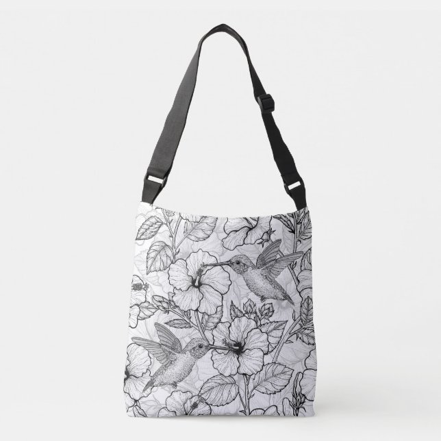 Sac Ajustable Colibris et fleurs d'hibiscus b&w (Devant)