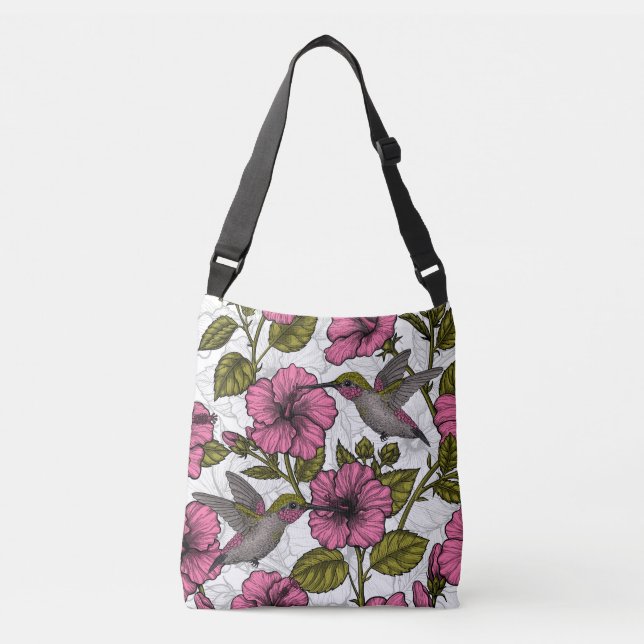 Sac Ajustable Colibris et fleurs d'hibiscus roses (Devant)
