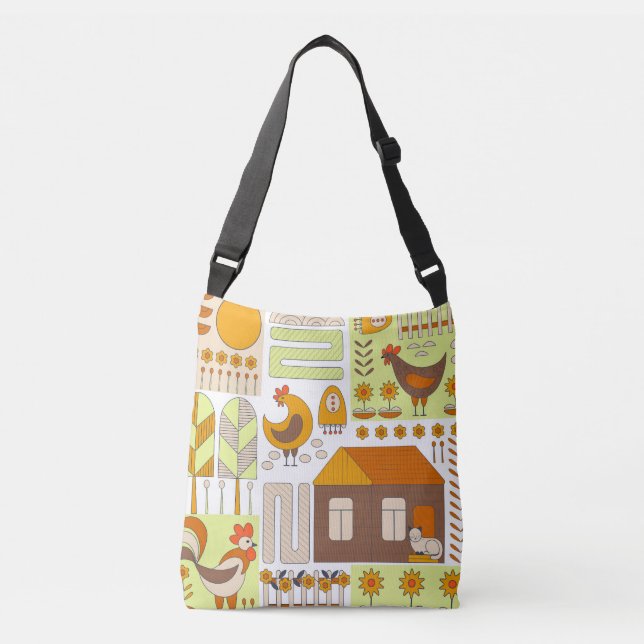 Sac Ajustable Coq, poules, dessin géométrique floral. (Devant)