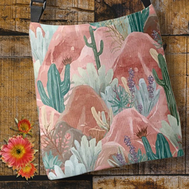 Sac Ajustable Coucher de soleil Desert Bloom avec jardin de cact (Desert bloom tote with pink canyons, watercolor cacti, and soft boho southwest charm.)