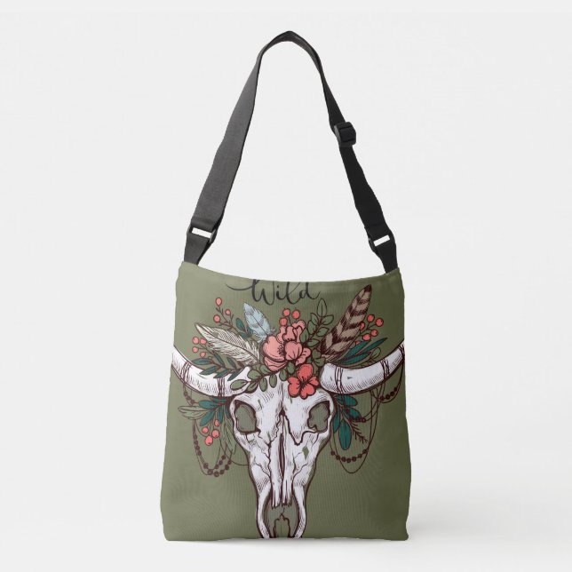 Sac Ajustable Crâne de cerf Fleurs florales Boho Design (Devant)