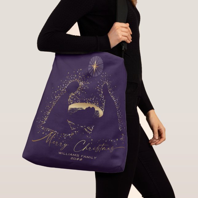 Sac Ajustable Crèche de Noël Violet Or Nom Personnalisé (De près)