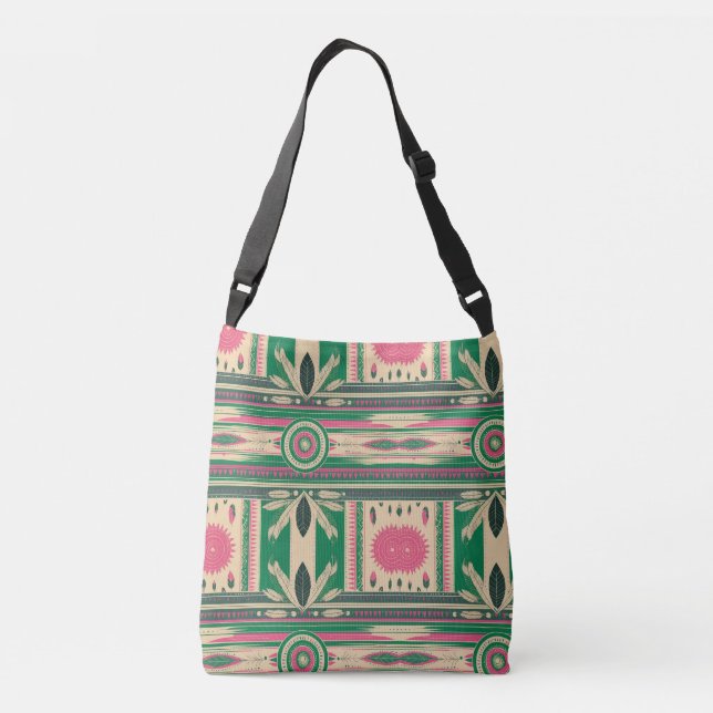 Sac Ajustable Cross Body in Green/Pink Native American Patterns (Dos)