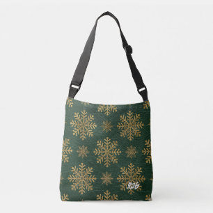 Sac Ajustable Cuir Vert Embellie de Flocons de Neige Dorés et In
