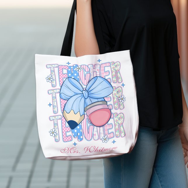 Sac Ajustable Custom Gingham Bow Pencil Blush Teacher (Créateur téléchargé)