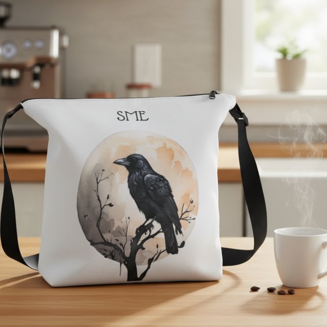 Sac Ajustable Dark Academia Watercolor Raven Gothic (Black gothic raven against moon crossbody bag)