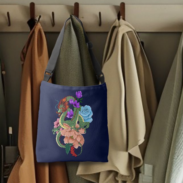 Sac Ajustable Dragon Chinois Vert Mystique Floral Bleu Marine (Créateur téléchargé)