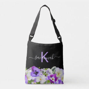 Sac Ajustable Écriture de floraux noir violet violet monogramme