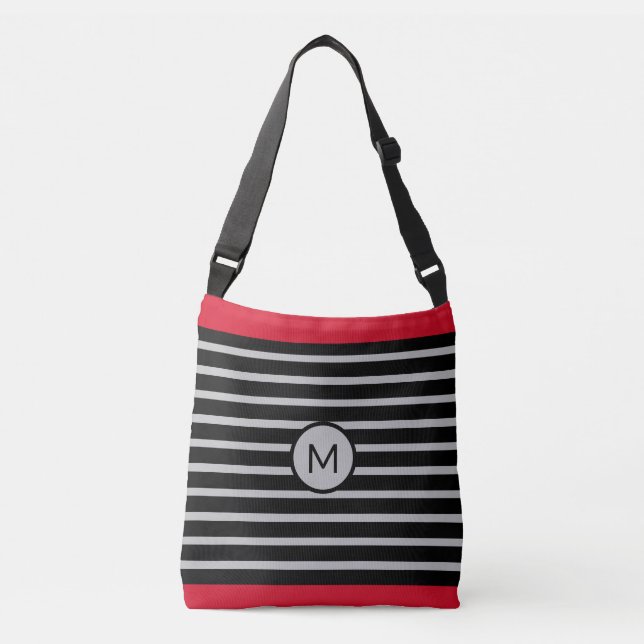 Sac Ajustable Élégant Monogramme sur noir, rouge et argent rayé (Devant)