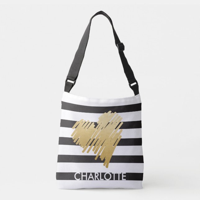 Sac Ajustable Faux Gold Heart Noir rayé Personnalisé (Devant)