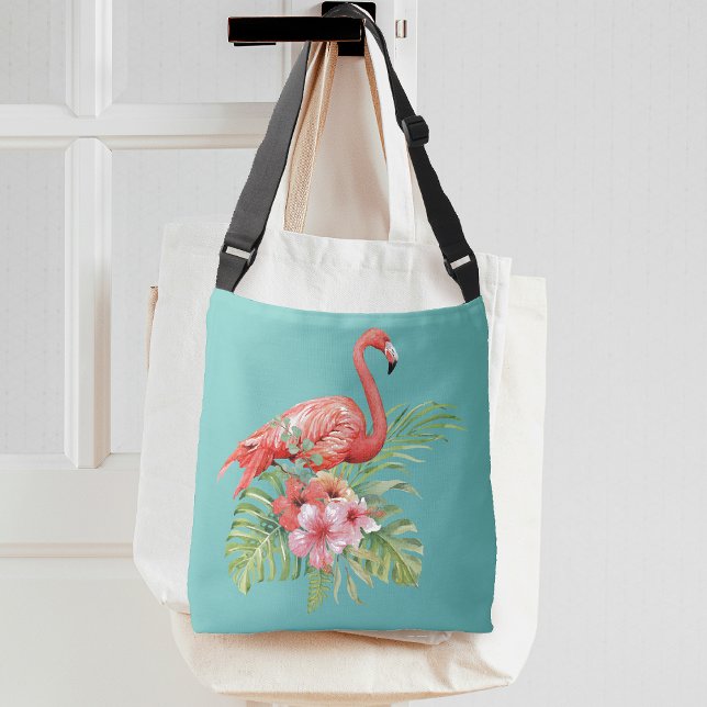 Sac Ajustable Flamant Tropical Floral Bleu Aqua (Tropical Flamingo Floral Aqua Blue Crossbody Bag)