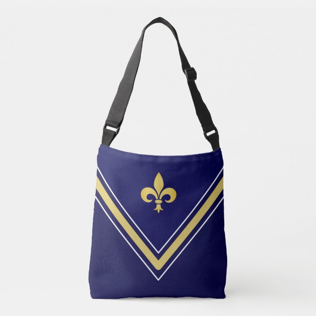 Sac Ajustable Fleur de Lis dorée sur fond bleu marine et blanc (Devant)