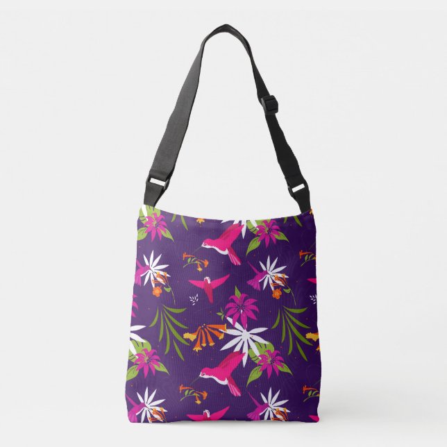 Sac Ajustable Fleur tropicale de colibri à motif rose pourpre (Devant)