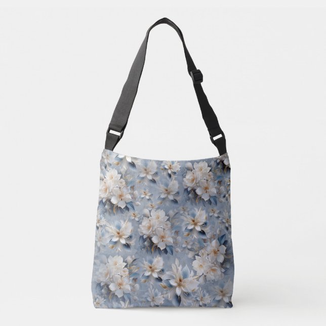 Sac Ajustable Fleurs bleues, blanches et dorées sur soie (Devant)