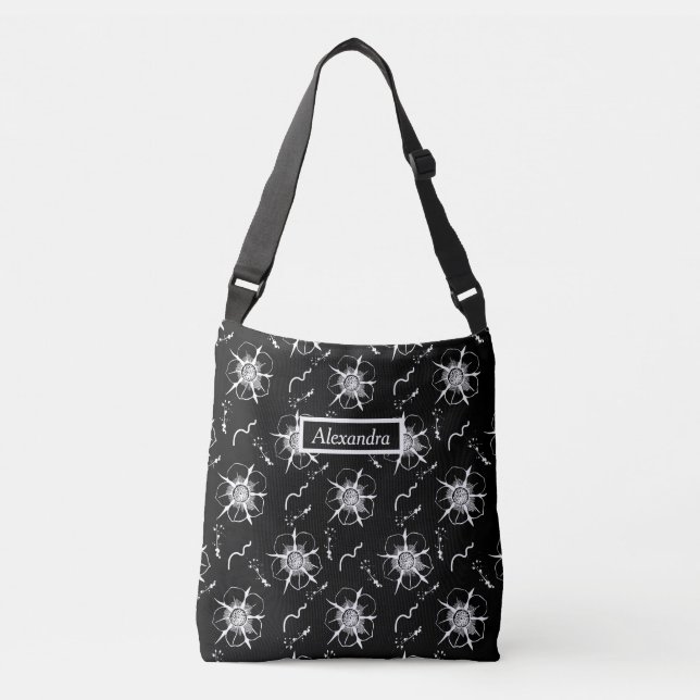 Sac Ajustable Fleurs d'art Abstraites en ligne blanche sur noir (Devant)