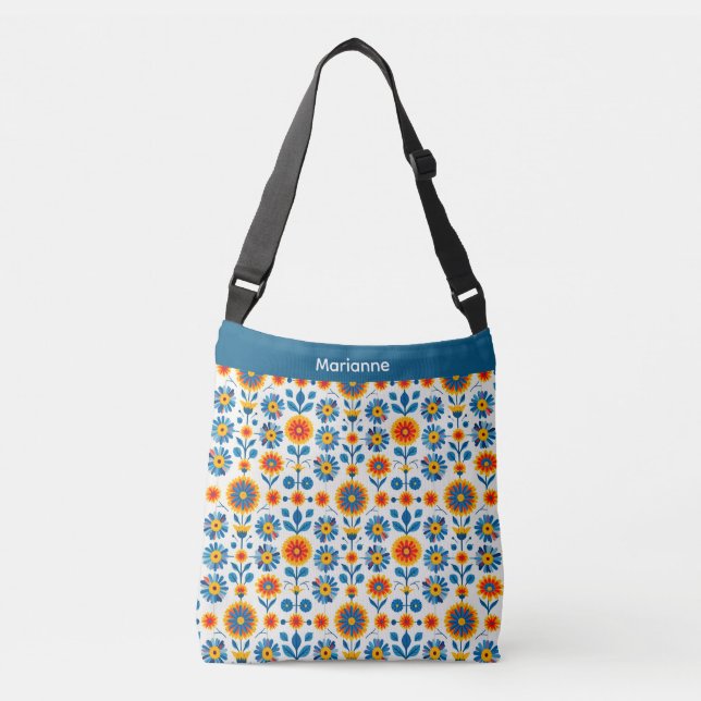 Sac Ajustable Fleurs d'art populaire bleu et or (Devant)