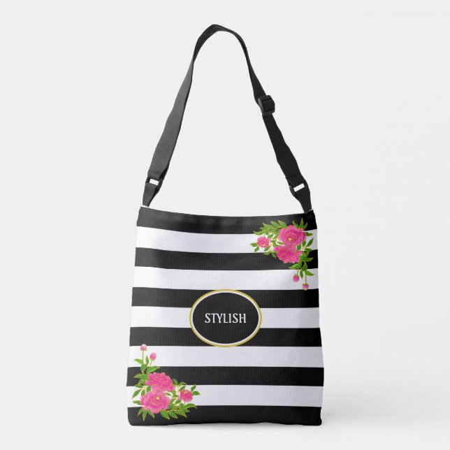 Sac Ajustable Fleurs de pivoine sur rayures noir et blanc (Dos)