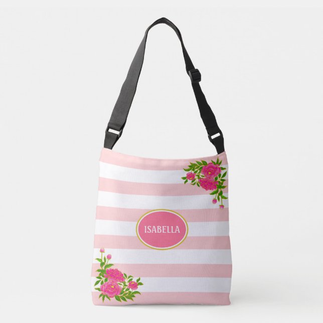 Sac Ajustable Fleurs de pivoine sur rayures roses et blanches (Devant)