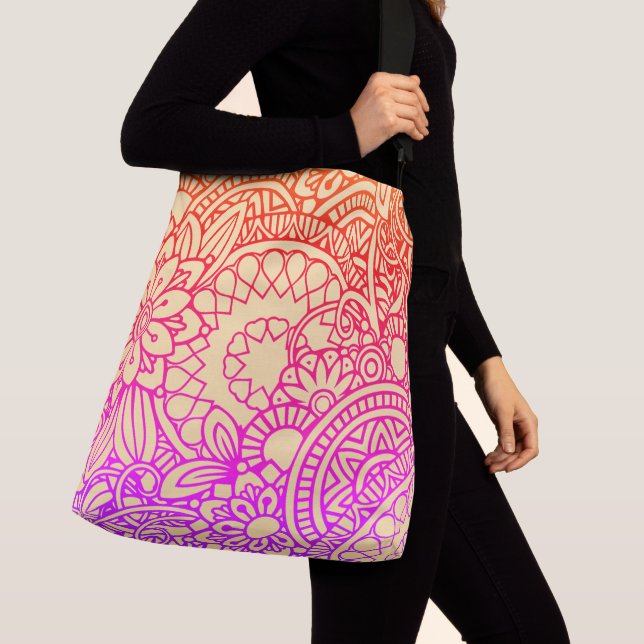Sac Ajustable Fleurs orange violet et fond pêche doux    (De près)