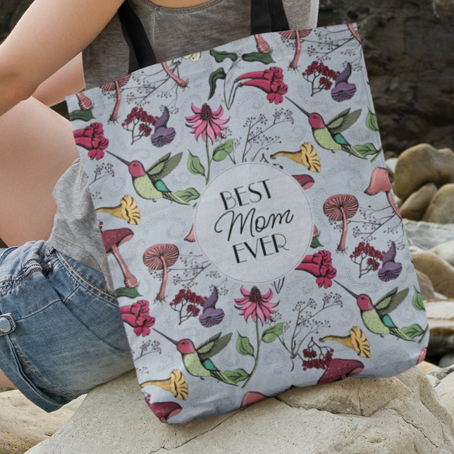 Sac Ajustable Floral Bleu Hummingbird Jardin Meilleure maman jam (FRONT: Best Mom Ever Hand-Drawn Hummingbird, Flowers & Mushrooms
BACK: Photo & 2 Personalized Texts.)