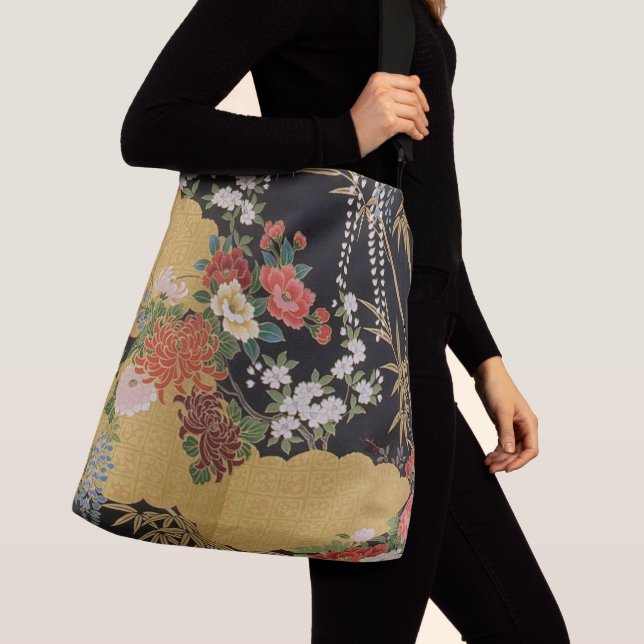 Sac Ajustable Floral d'or et de noir oriental japonais Kimono (De près)