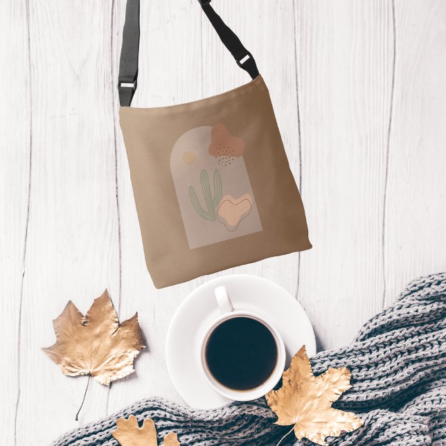 Sac Ajustable Formes Boho Abstraites Cactus Soleil Terracotta Be (Boho Abstract Shapes Brown Tan Green Peach Cactus Cross body hand bag.)