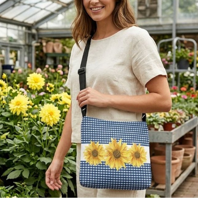 Sac Ajustable Gingham Bleu Marine avec Tournesols (Créateur téléchargé)
