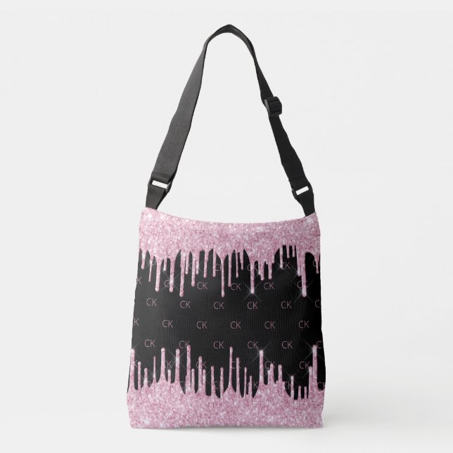 Sac Ajustable Gouttes de rose noir monogramme élégant (Devant)