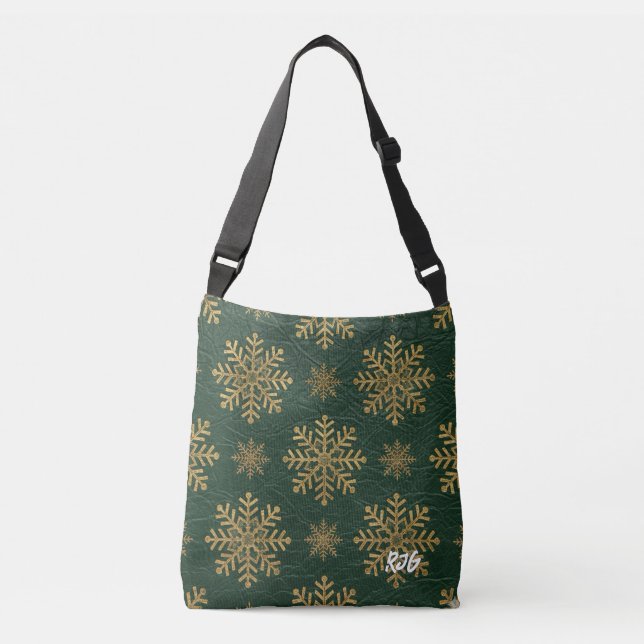 Sac Ajustable Green Leather Tooled with Gold Snowflakes Initials (Devant)