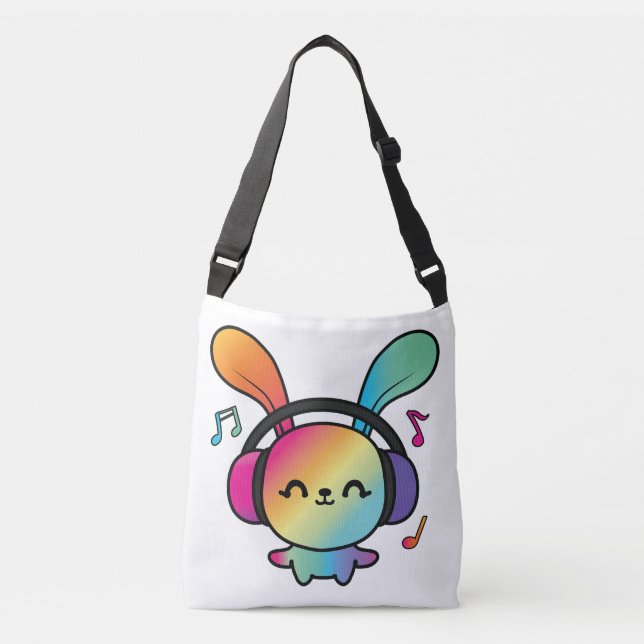 Sac Ajustable Happy Bunny avec écouteurs écoutant de la musique. (Devant)