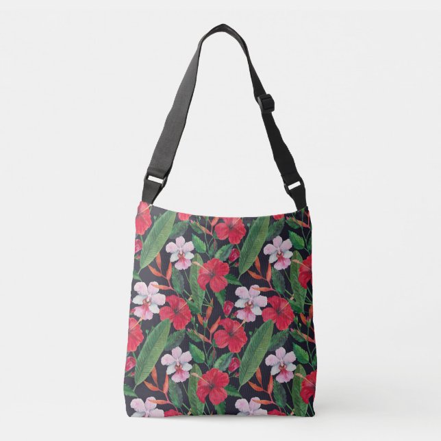 Sac Ajustable hibiscus rouge, orchidées, aquarelle tropicale. (Devant)