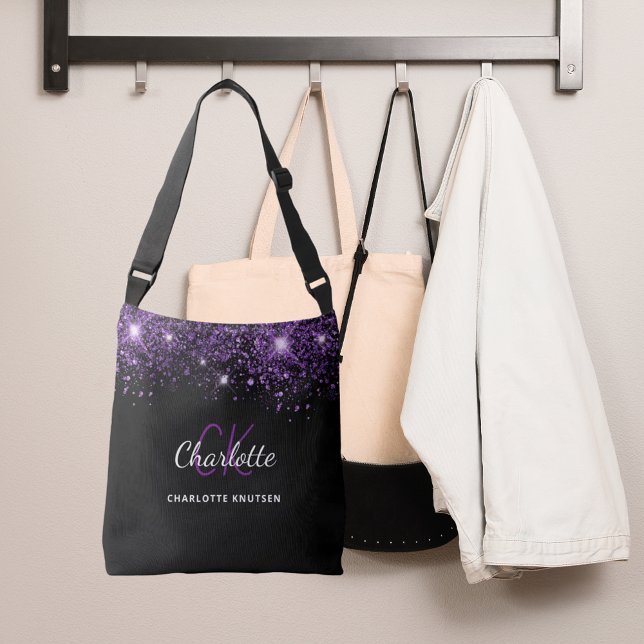 Sac Ajustable Initiales de monogramme scintillant violet noir gl (Créateur téléchargé)