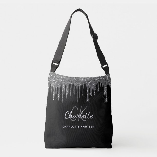 Sac Ajustable Initiales monogramme en paillettes d'argent noir (Devant)