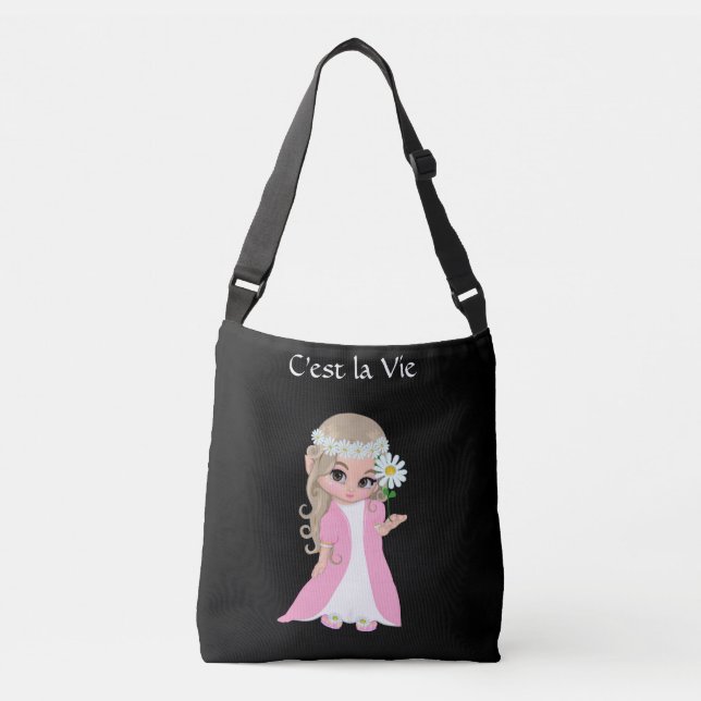 Sac Ajustable Jolie fée avec des fleurs sur fond noir (Devant)