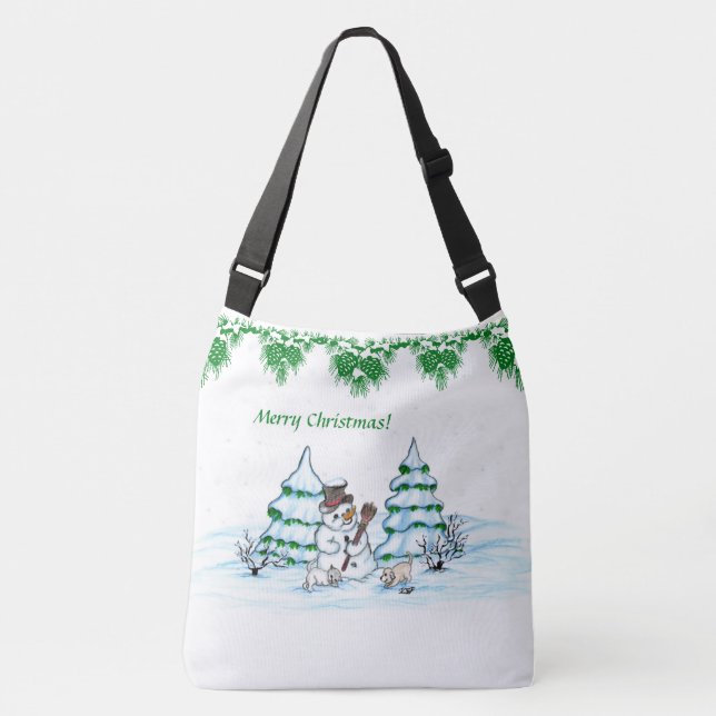 Sac Ajustable Joyeux Noël ! Snowman avec chat et chiot (Devant)