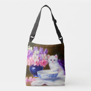 Sac Ajustable Kitten blanc vintage avec ruban violet