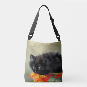 Sac Ajustable Kitten noir vintage avec couverture de fleurs roug